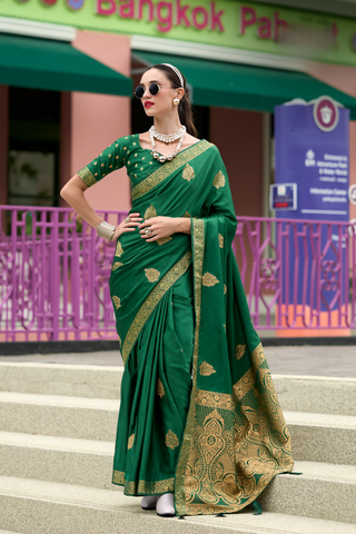 GREEN PURE SATIN HANDWOVEN SAREE