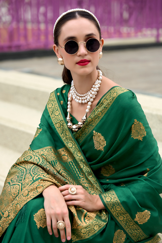 GREEN PURE SATIN HANDWOVEN SAREE