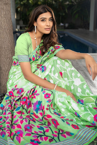 GREEN SOFT COTTON FLORAL JAMDANI SAREE