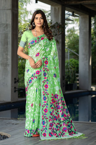 GREEN SOFT COTTON FLORAL JAMDANI SAREE