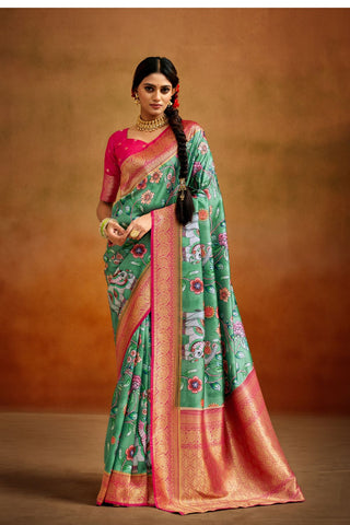 Green Tusser Silk Kalamkari With Banarasi Border Saree