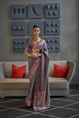 GREY GALA COPPER ZARI HANDLOOM WEAVING SAREE