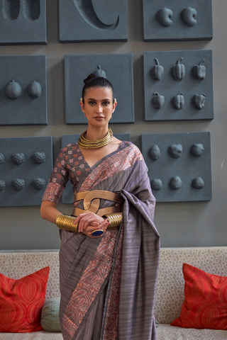 GREY GALA COPPER ZARI HANDLOOM WEAVING SAREE