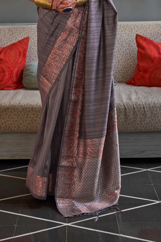 GREY GALA COPPER ZARI HANDLOOM WEAVING SAREE