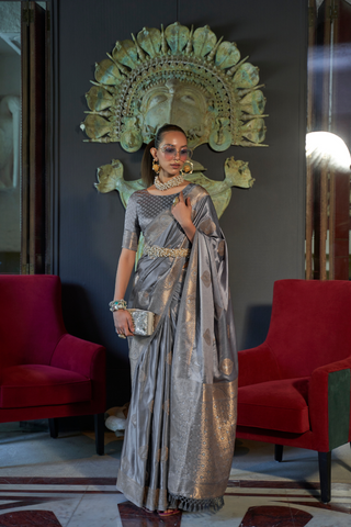 GREY NYLON PURE SATIN HANDLOOM WEAVING SAREE