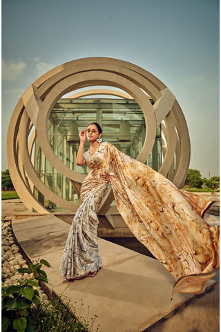 GREY PRINTED SATIN CREPE SAREE 1