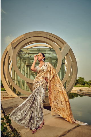 GREY PRINTED SATIN CREPE SAREE 2