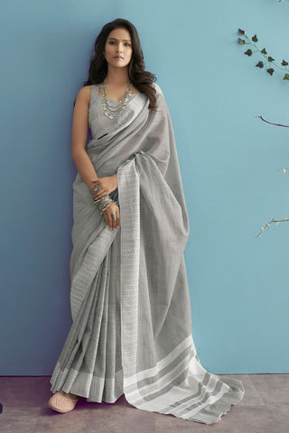 Grey Soft Linen Silk With Chikankari Weaving Saree