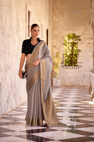 GREY TISSUE LINEN SILK SAREE