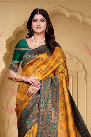 Gold & Green Kanjeevarm Banarasi Soft Silk Saree_Kumari Sarees