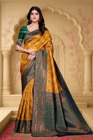 Gold & Green Kanjeevarm Banarasi Soft Silk Saree_Kumari Sarees