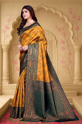 Gold & Green Kanjeevarm Banarasi Soft Silk Saree_Kumari Sarees
