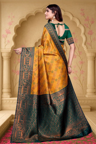 Gold & Green Kanjeevarm Banarasi Soft Silk Saree_Kumari Sarees