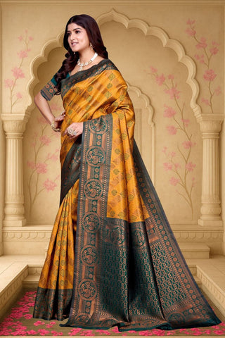 Gold & Green Kanjeevarm Banarasi Soft Silk Saree_Kumari Sarees