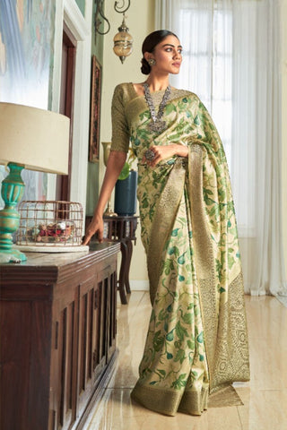 Green Satin Silk With Zari Weaving Border Saree