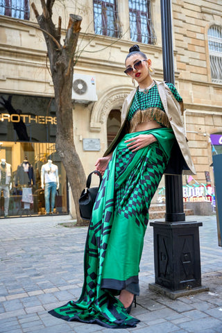 GREEN & BLACK JAPAN SATIN PRINT SAREE