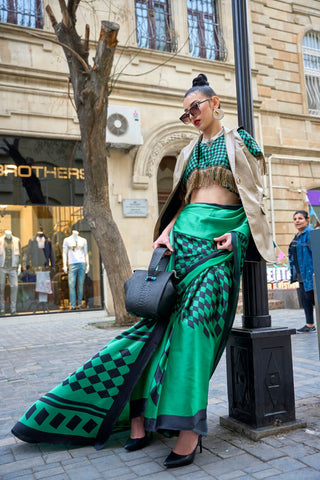 GREEN & BLACK JAPAN SATIN PRINT SAREE