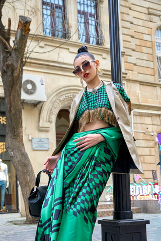 GREEN & BLACK JAPAN SATIN PRINT SAREE