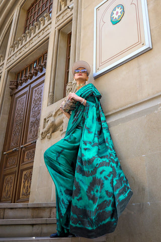 GREEN & BLACK PRINT SATIN CREPE SAREES