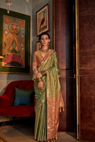 Green Tussar Handloom Weaving Silk Saree_Kumari Sarees