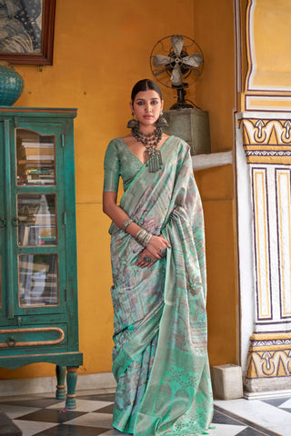 Green Soft Cotton Silk With Floral Print Saree_Kumari Sarees