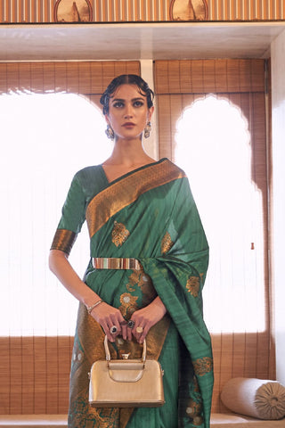 GREEN TUSSAR SILK COPPER ZARI WEAVING SAREE