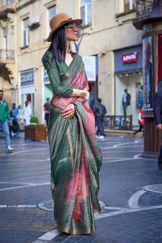 Green Print-poly Viscose Handloom Weaving Saree