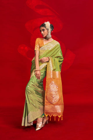 Green Tussar Handloom Weaving Silk Saree_Kumari Sarees