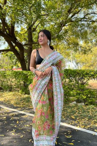 GREEN ORGANZA EMBROIDERED SAREE