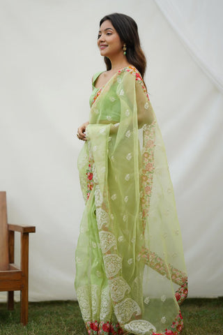 Green Organza Silk Saree_Kumari Sarees