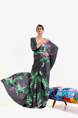 Green Digital Printed Soft Creep Saree