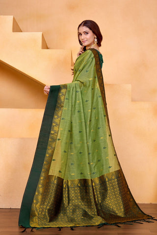 Green Pure Handloom Cotton With Gold Zari Silk Saree_Kumari Sarees