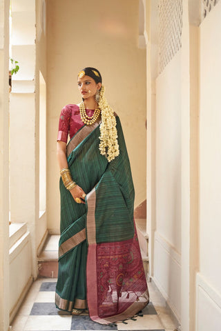 Green Handloom Tussar Silk Saree_Kumari Sarees