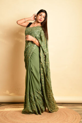 GREEN THREAD WORK GEORGETTE SAREE