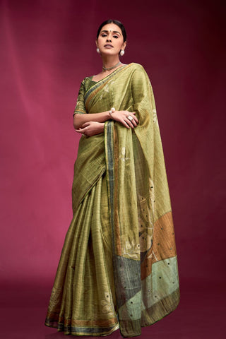 Green Tussar Saree with Hand based Work