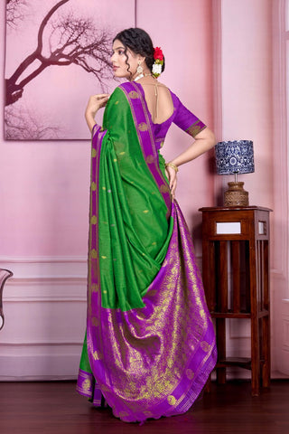 Green Pure Handloom Cotton With Gold Zari Silk Saree