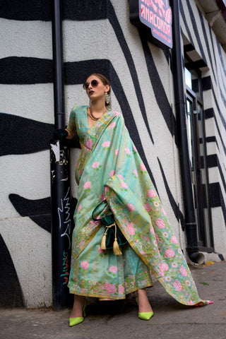 Green Parsi Weaving - Handwoven Textured Silk Saree