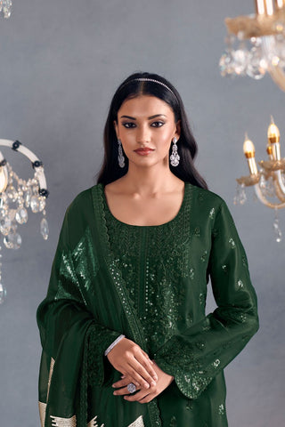 Green Pure Russian Silk Embroidery Kurta Set