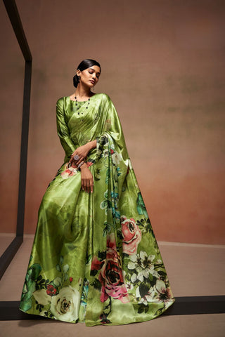 Green Satin Crepe Digital Print Saree_Kumari Sarees