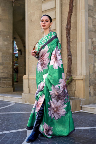 GREEN DIGITAL PRINT SATIN CREPE SAREE