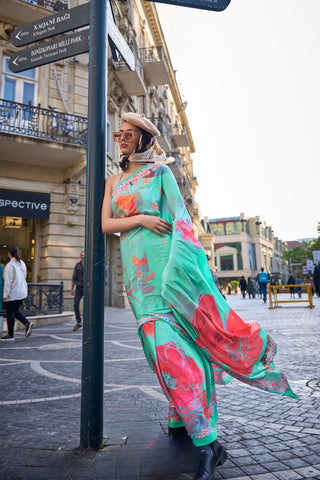 GREEN PURE SILK CREPE DIGITAL PRINT SAREE