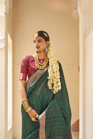 Green Handloom Tussar Silk Saree_Kumari Sarees