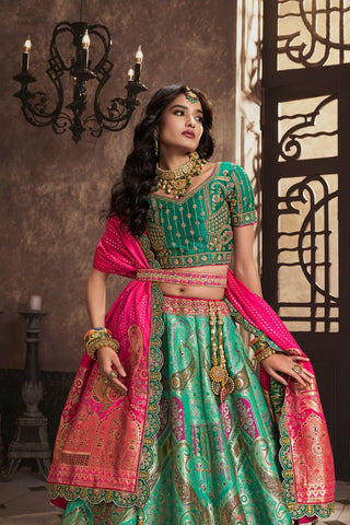 Green Silk Lehenga With Sequence Zarkan Work