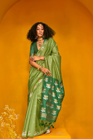 Green Tussar Handloom Weaving Silk Saree_Kumari Sarees