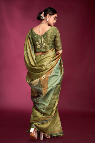 Green Tussar Saree with Hand based Work