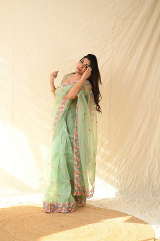 GREEN ORGANZA EMBROIDERED SAREE