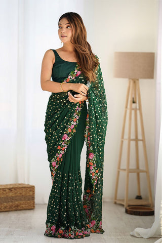 Green Soft Georgette Saree_Kumari Sarees