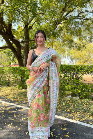 GREEN ORGANZA EMBROIDERED SAREE