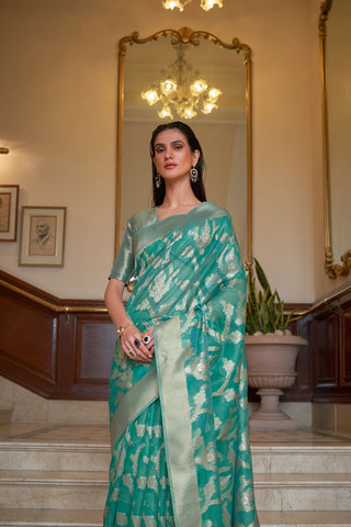 GREEN TWO - TONE HANDLOOM  ORGANZA WEAVING SAREE