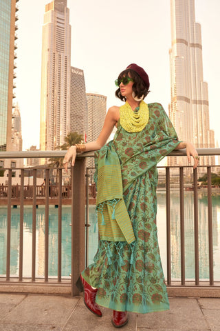 GREEN PRINTED ZARI TISSUE SAREE